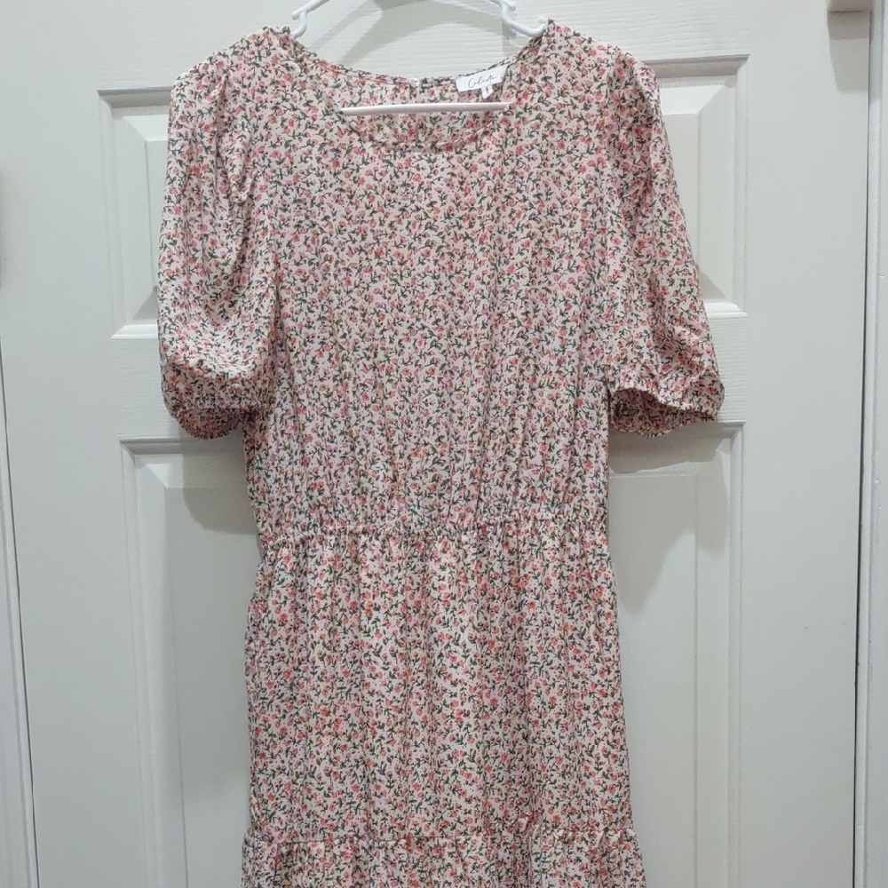 Pink and White Puff Sleeve Midi Sundress